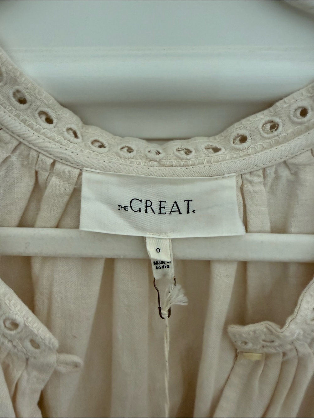 THE GREAT. Cream Eyelet Peasant Blouse with Scoop Neck - Picture 3 of 6
